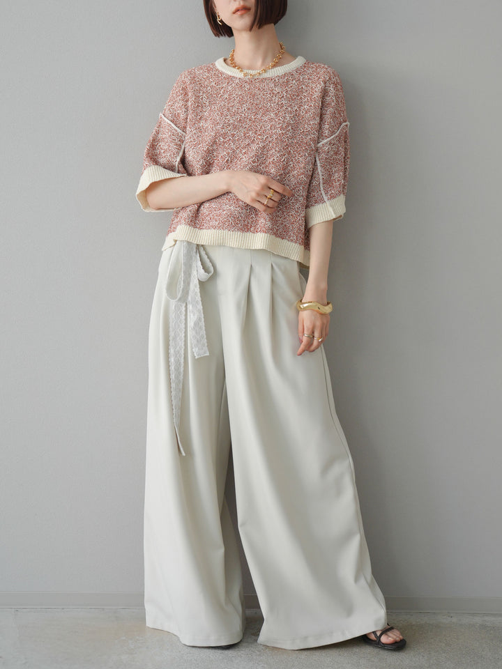 【預購】蕾絲腰帶設計寬褲/象牙白