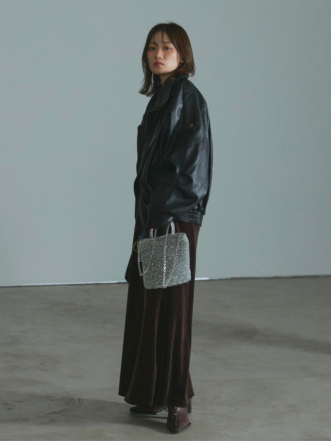 【Allure】[SET]スタンドカラーレザーブルゾン+ベロアナロースカート(2set)