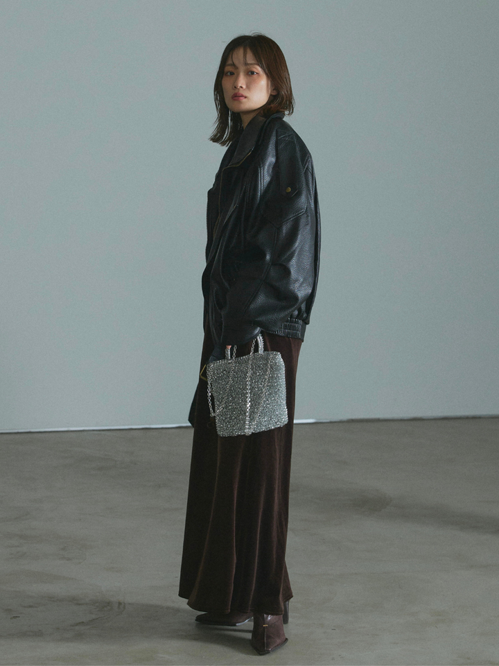 【Allure】[SET]スタンドカラーレザーブルゾン+ベロアナロースカート(2set)