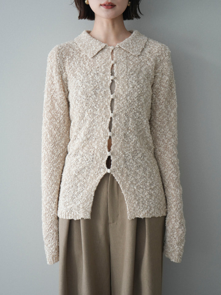 [予約]透かし編みブークレポロニットトップス/beige