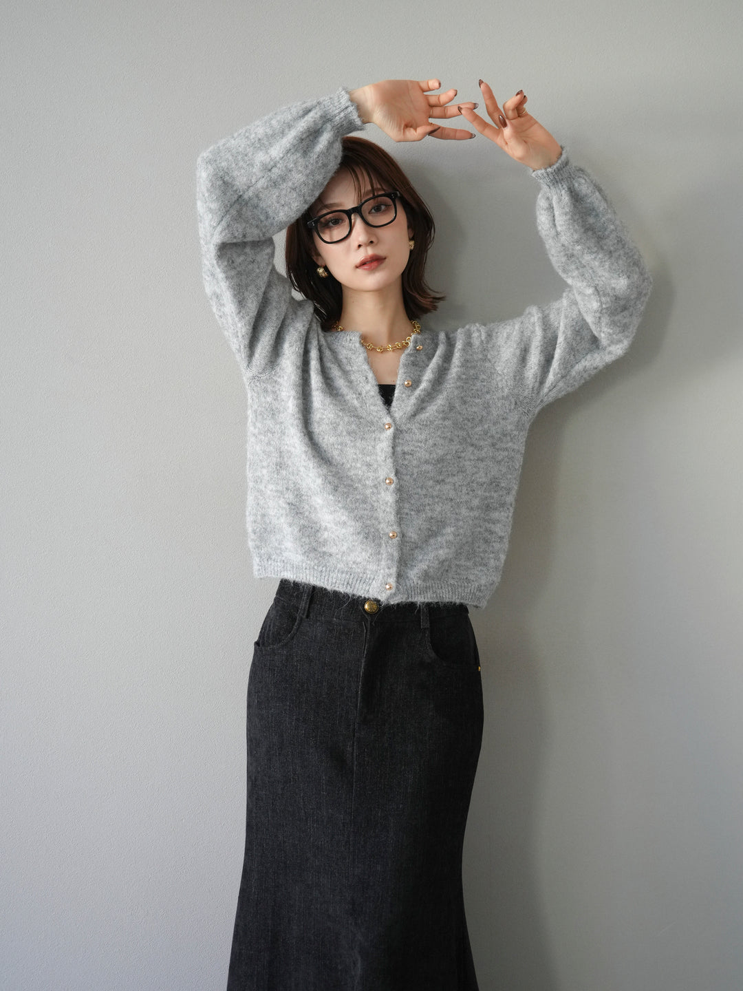 [予約]ゴールドボタンニットカーディガン/ gray