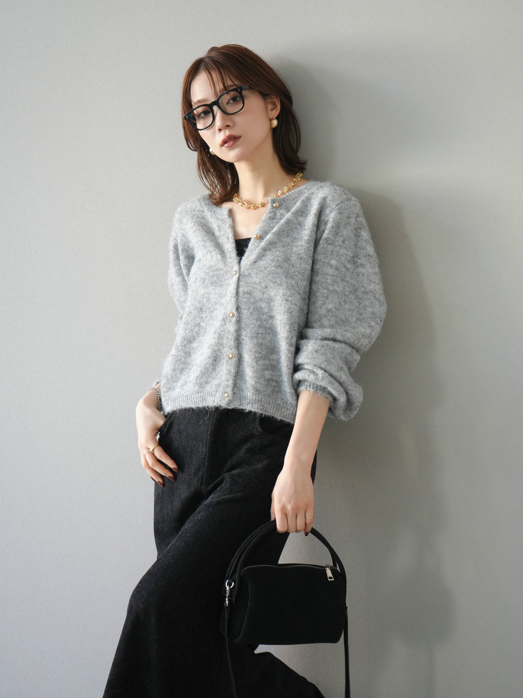 [SET]ゴールドボタンニットカーディガン+ベルベットマーメイドスカート(2set)