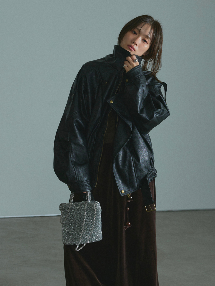 【Allure】[SET]スタンドカラーレザーブルゾン+ベロアナロースカート(2set)
