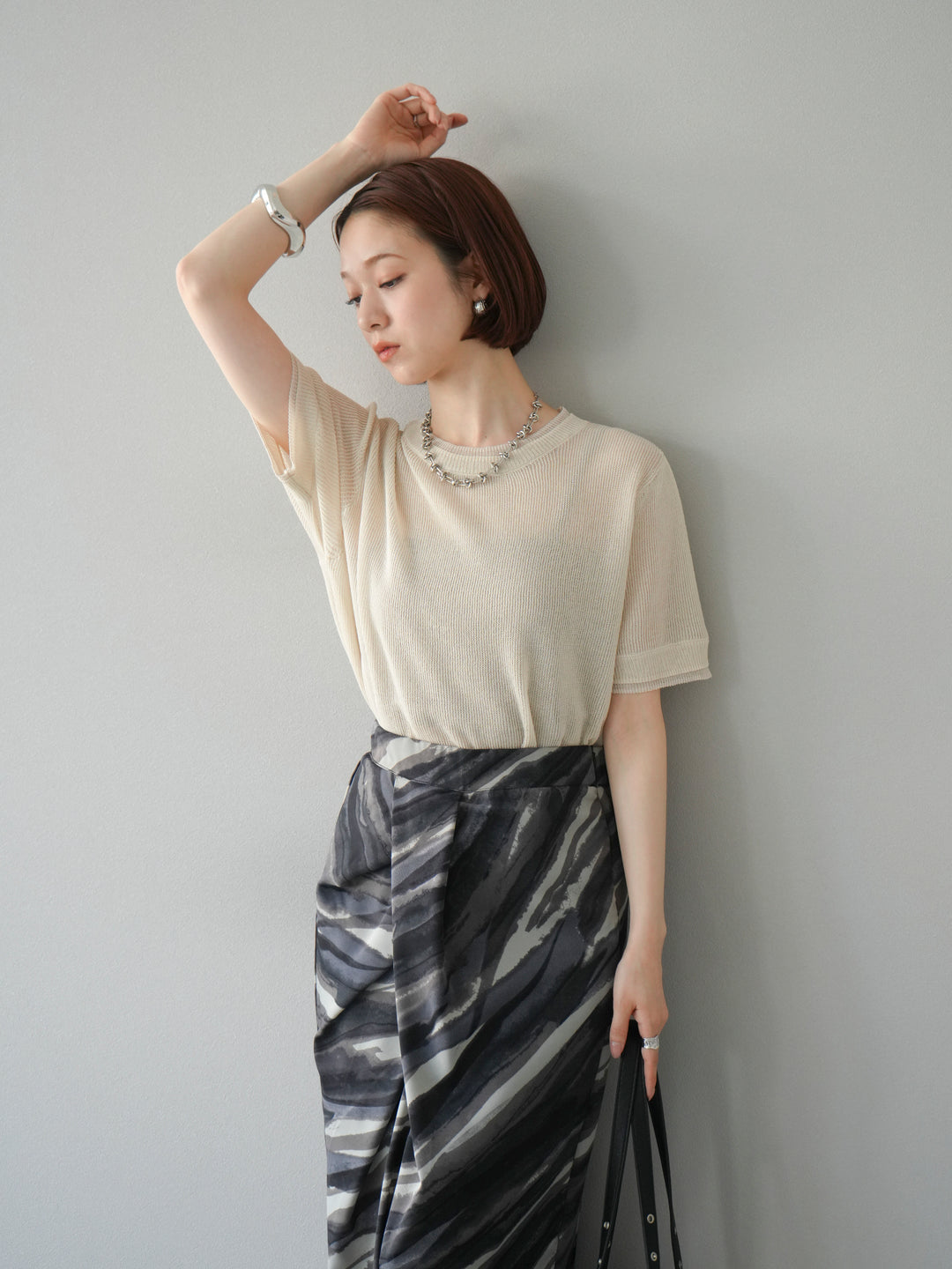 [SET]リネンタッチ配色二重臼ハーフニットトップス+選べるアソート柄スカートセット(2set)