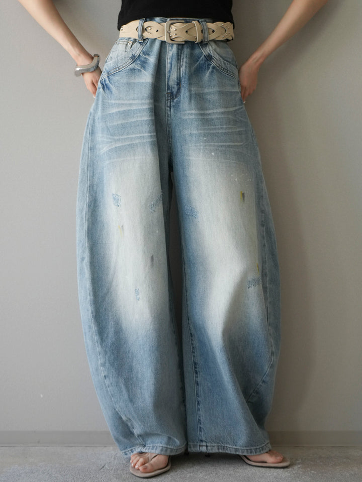 [予約]ベルト付ペイント加工カーブデニムパンツ/lightblue