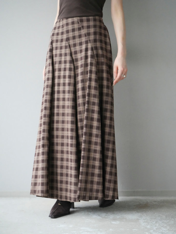 [予約]チェックタックフレアロングスカート/ ブラウン