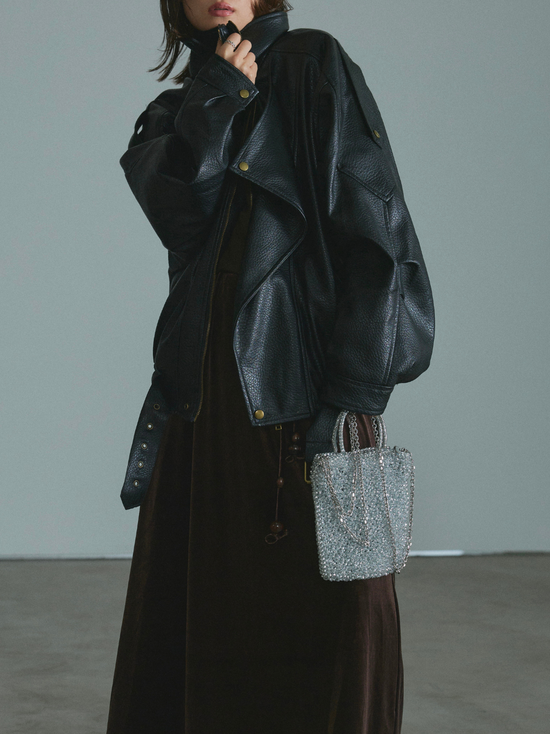 【Allure】[SET]スタンドカラーレザーブルゾン+ワンショルケーブル編みニット+ベロアナロースカート(3set)