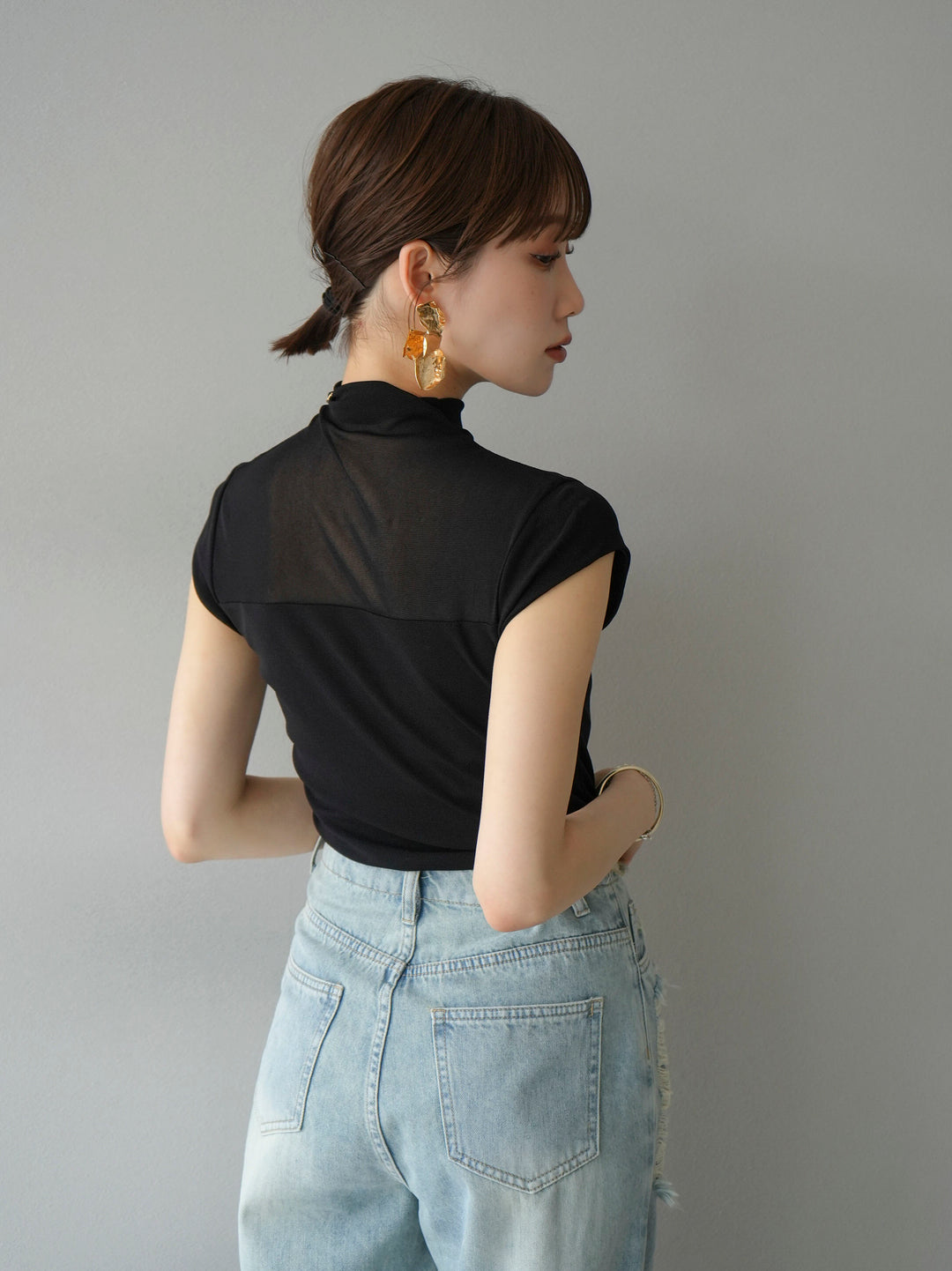 [SET]シアー切替ストレッチ長袖トップス+シアー切替ストレッチトップス(2set)