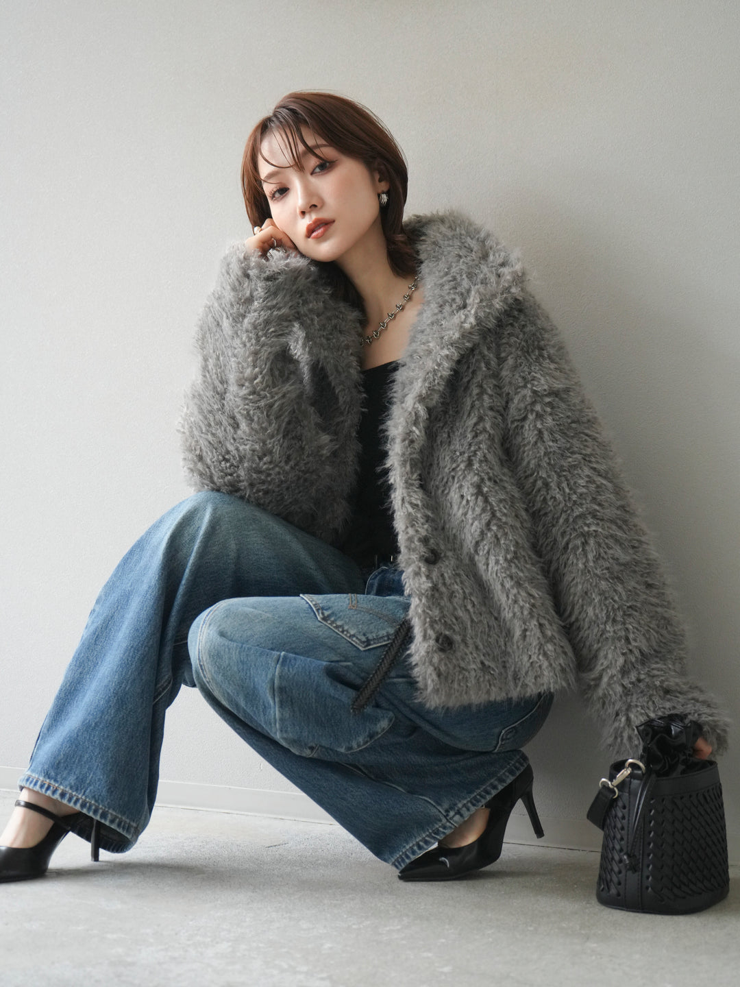 [予約]シャギーファースタンド2WAYジャケット/ gray