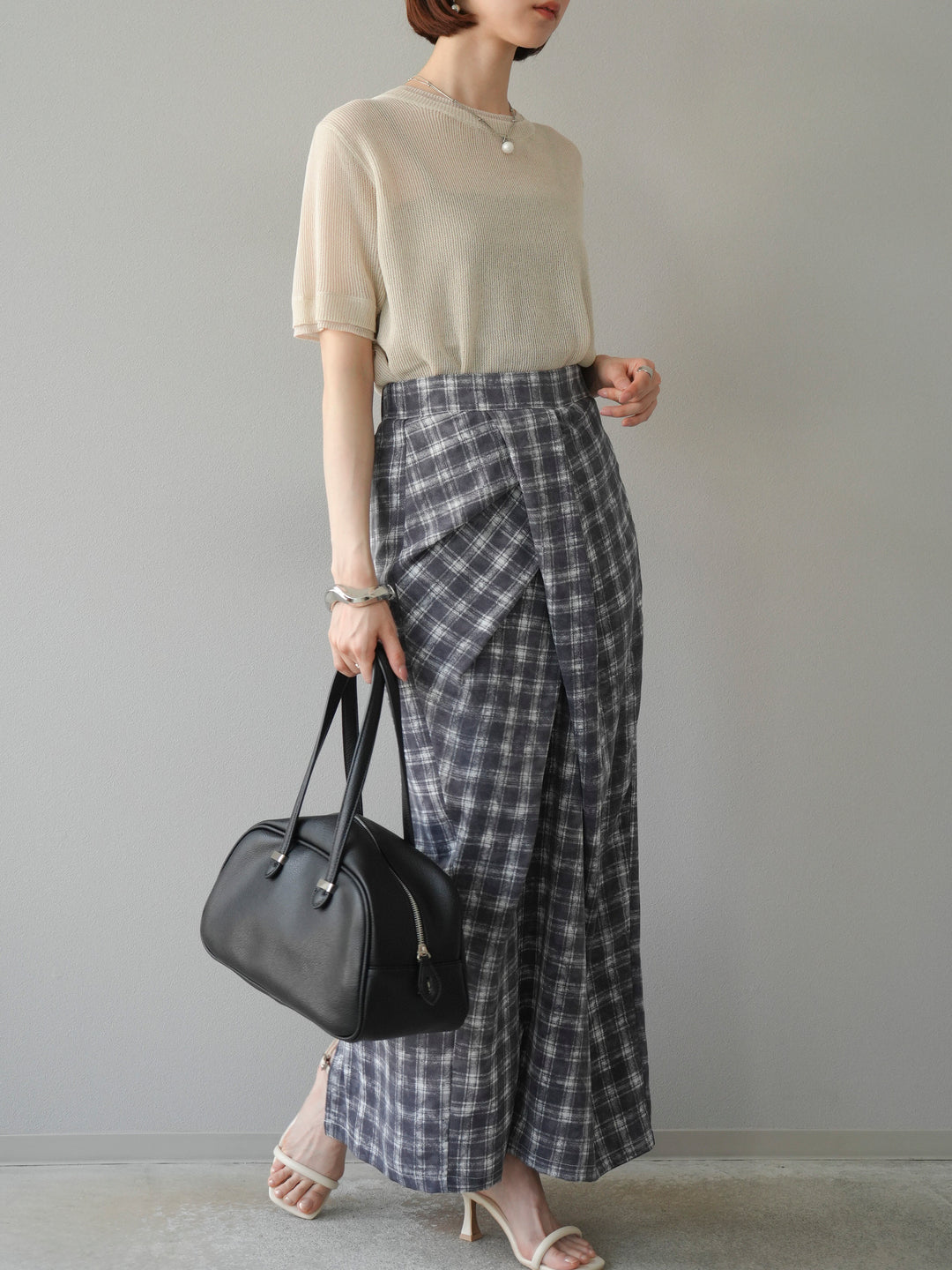 [SET]リネンタッチ配色二重臼ハーフニットトップス+選べるアソート柄スカートセット(2set)