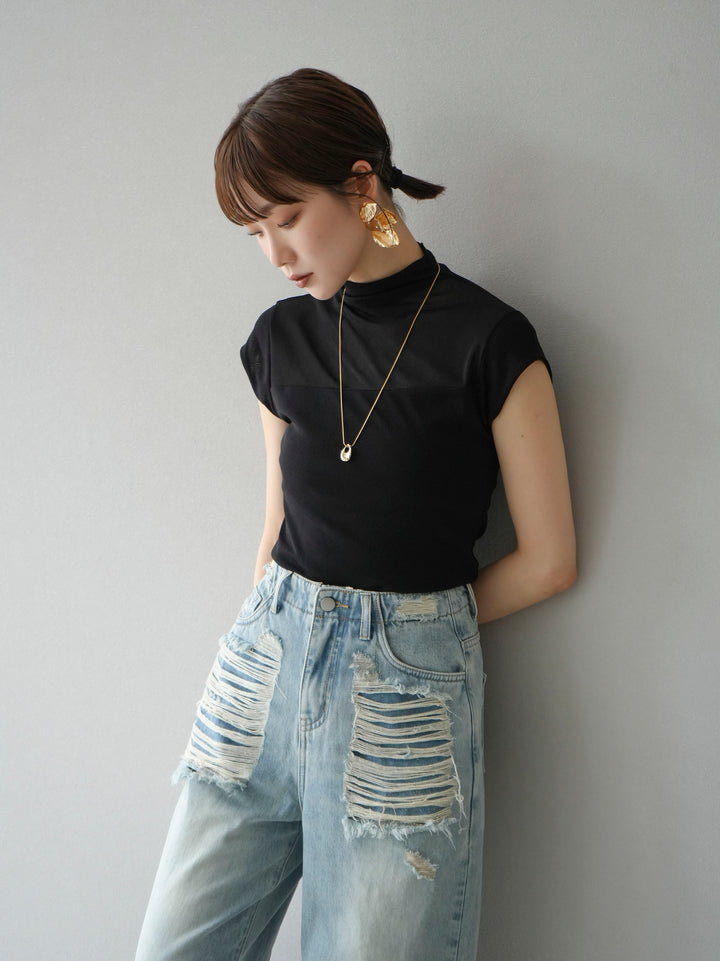 [SET]シアー切替ストレッチ長袖トップス+シアー切替ストレッチトップス(2set)