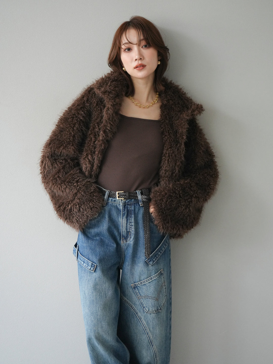 [予約]シャギーファースタンド2WAYジャケット/brown