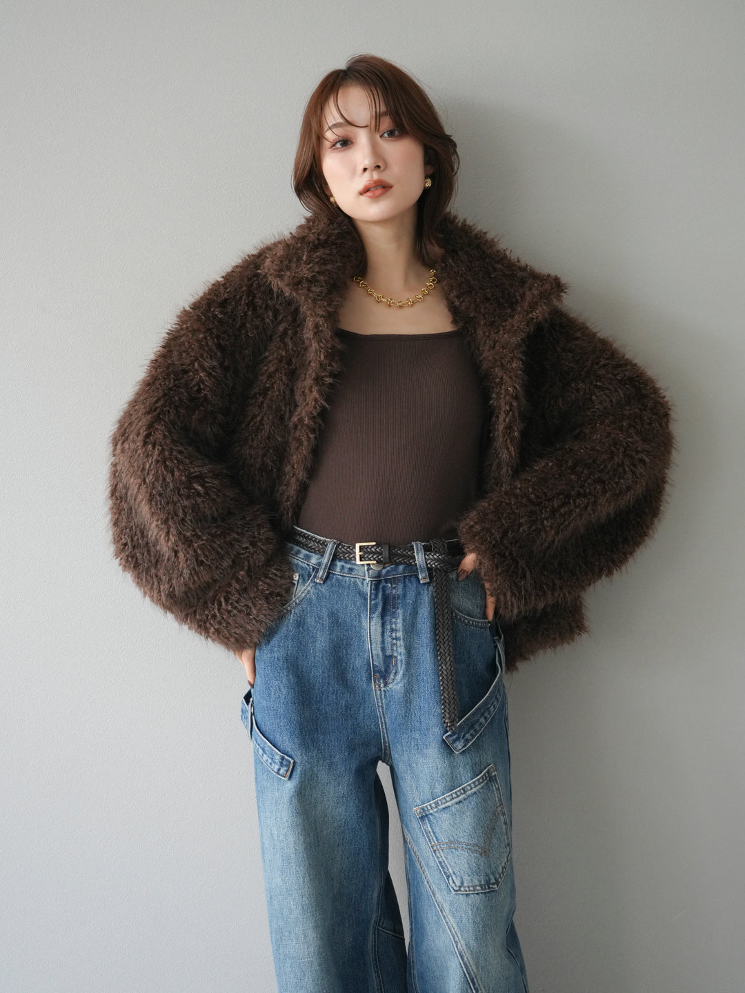 [予約]シャギーファースタンド2WAYジャケット/brown