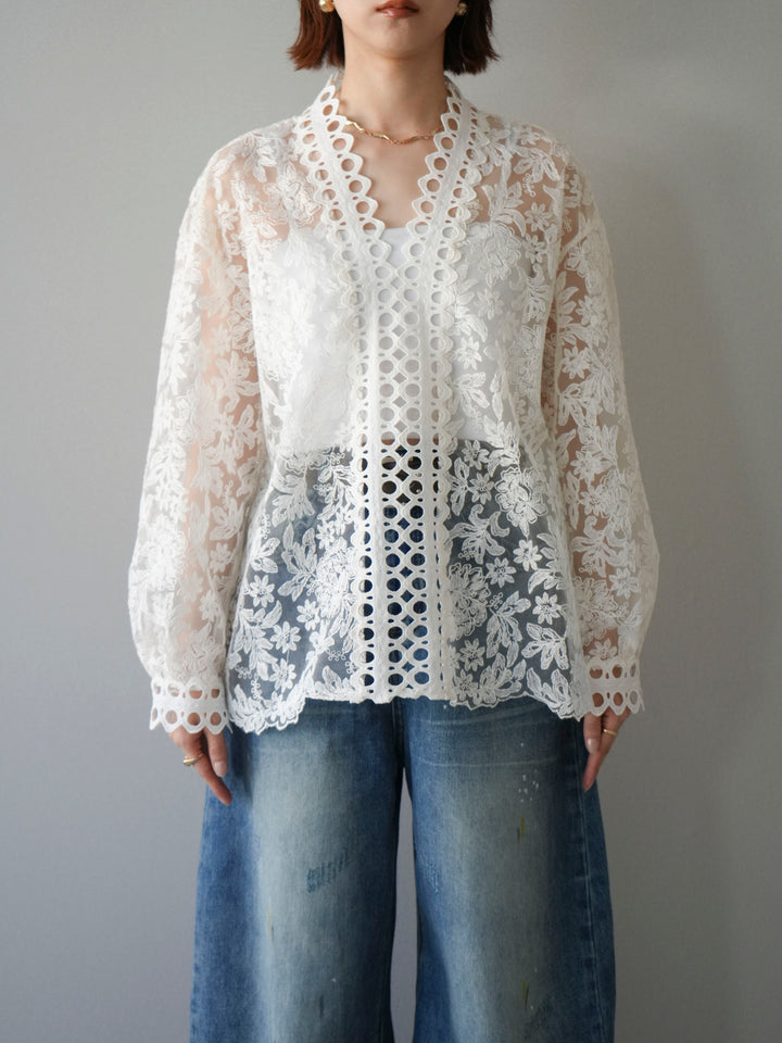 [予約]カットワークレースシアーブラウス/white