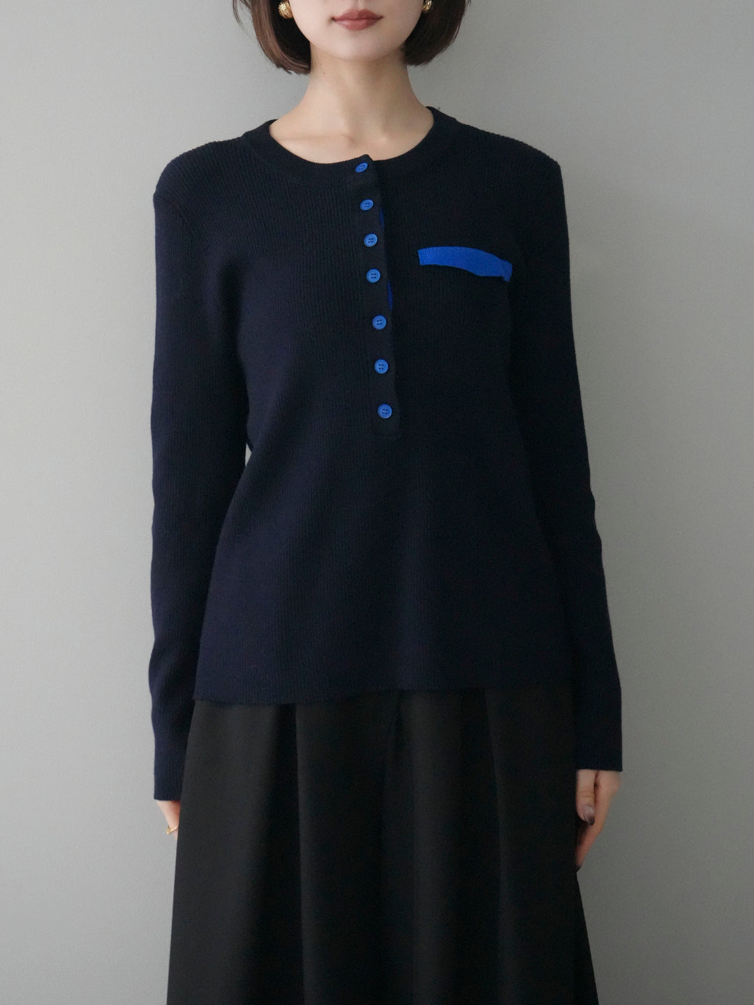 [予約]バイカラーデザインポケット配色ヘンリーネックニットソー/navy