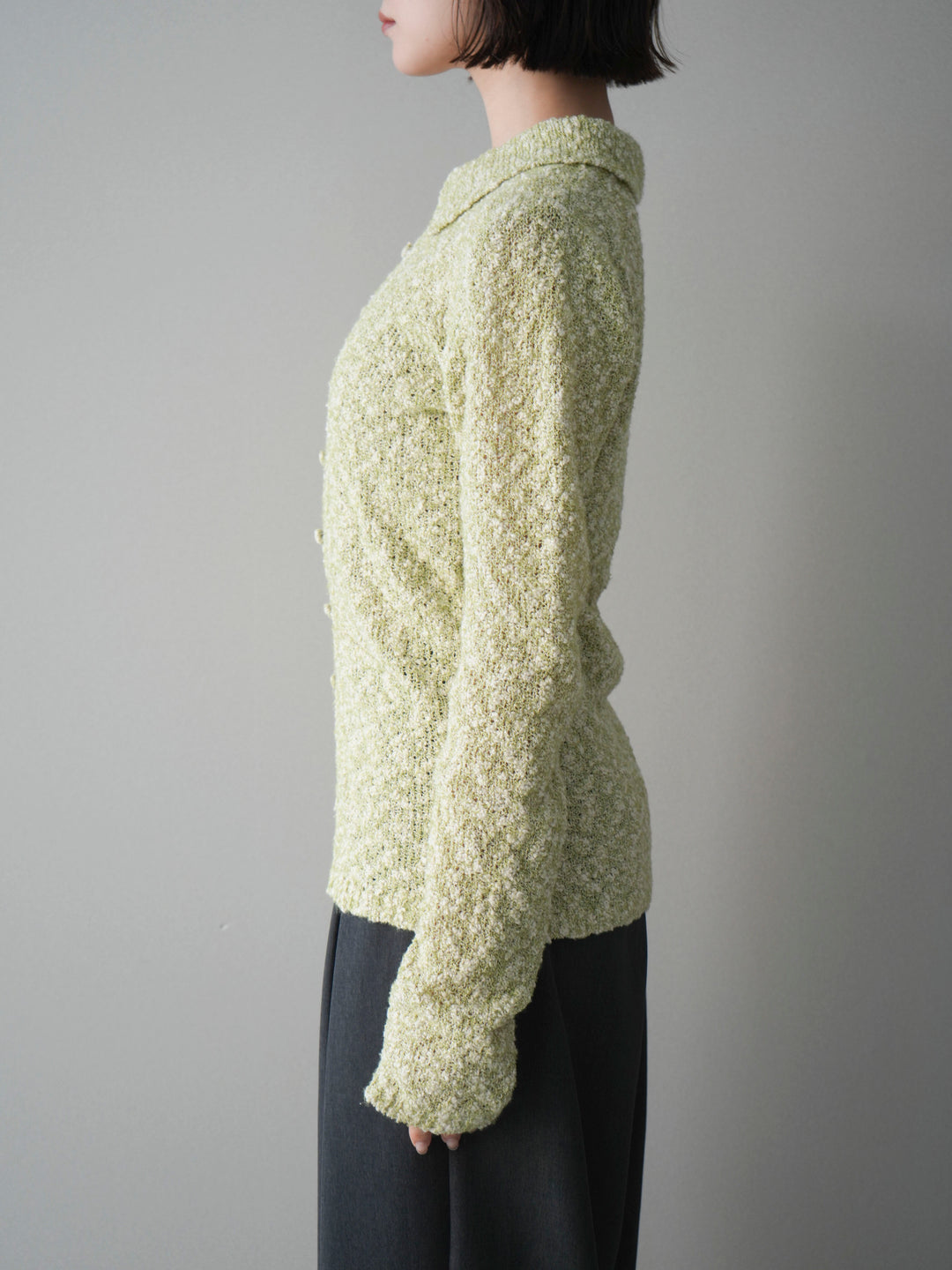[予約]透かし編みブークレポロニットトップス/green