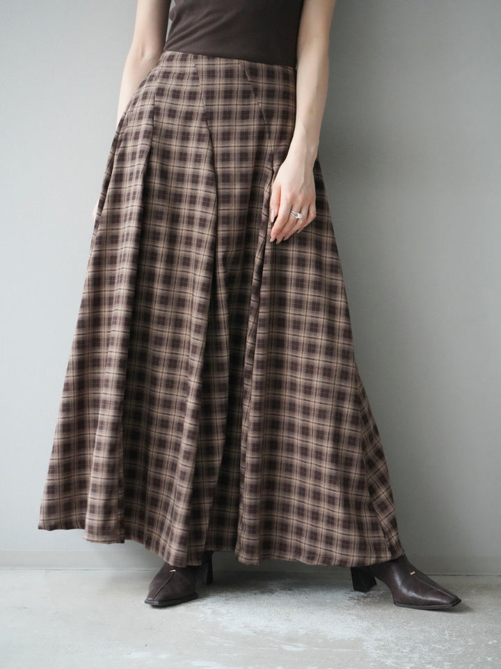 [予約]チェックタックフレアロングスカート/ ブラウン