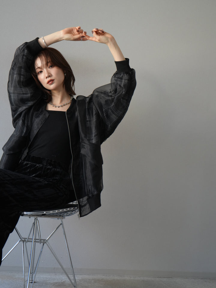 [SET]チェックチュールドッキングブルゾン+クラッシュベロアナロースカート(2set)