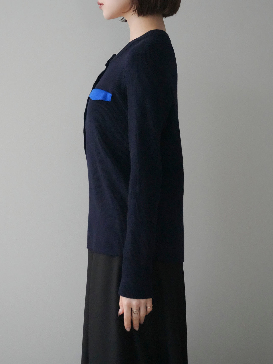 [予約]バイカラーデザインポケット配色ヘンリーネックニットソー/navy