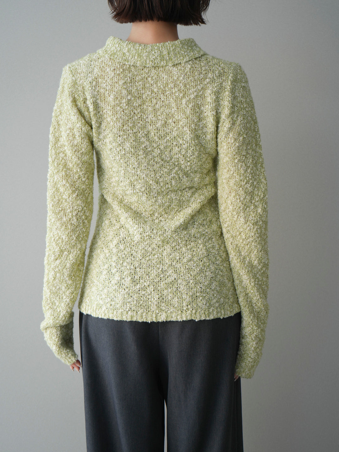[予約]透かし編みブークレポロニットトップス/green