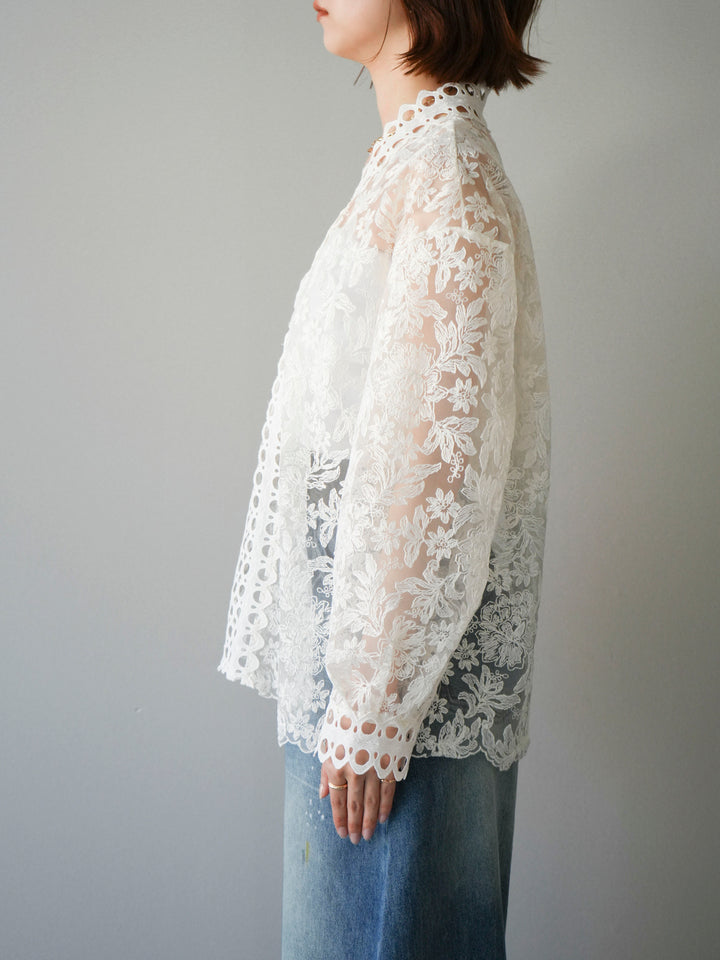 [予約]カットワークレースシアーブラウス/white