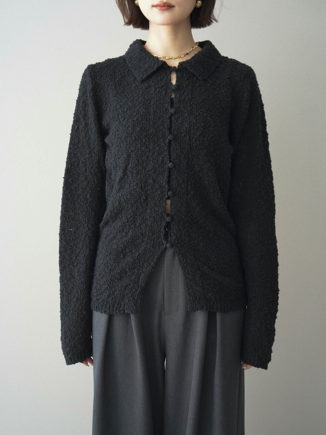 [予約]透かし編みブークレポロニットトップス/black