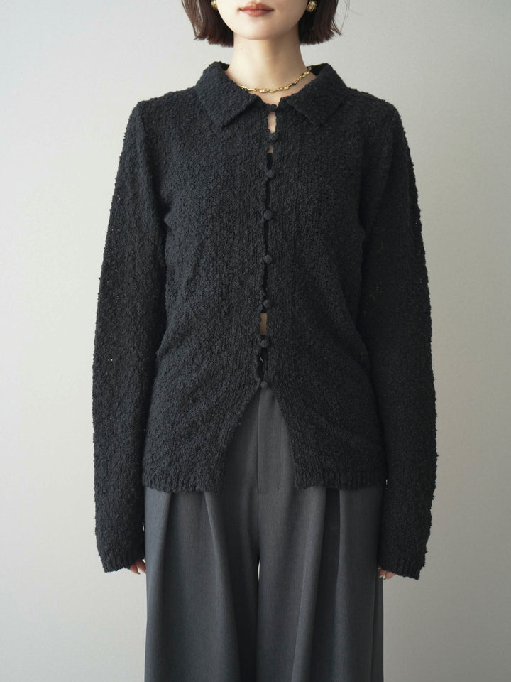 [予約]透かし編みブークレポロニットトップス/black