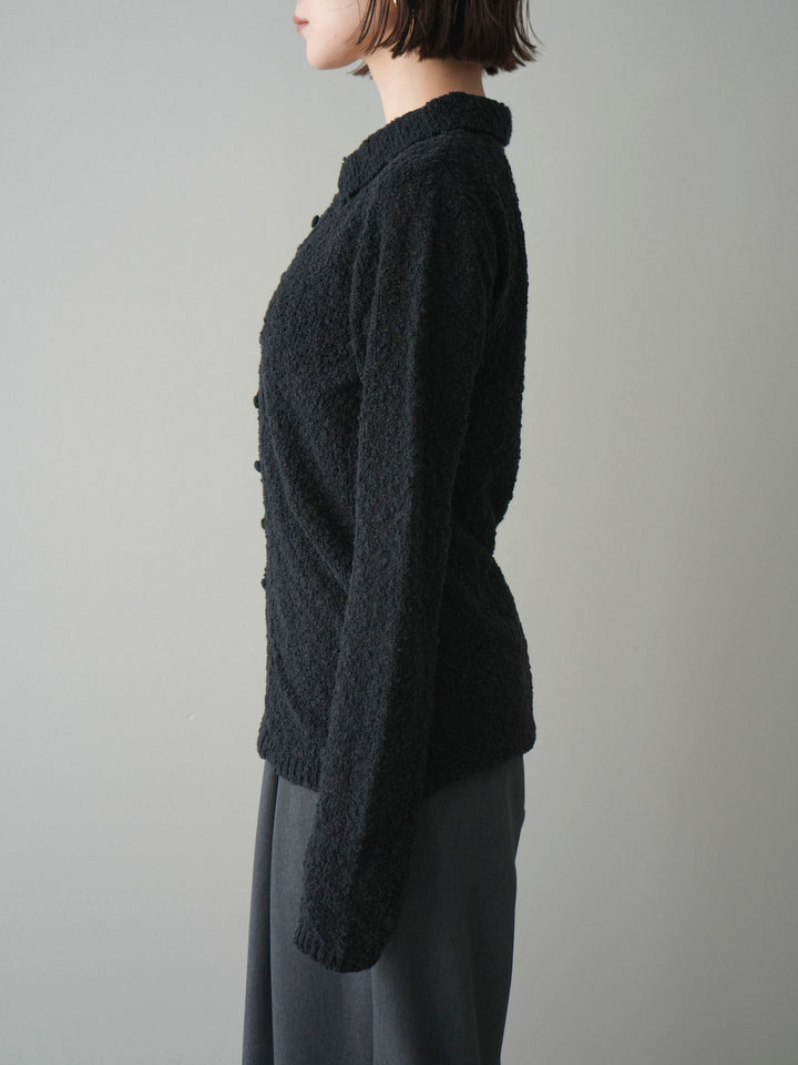 [予約]透かし編みブークレポロニットトップス/black