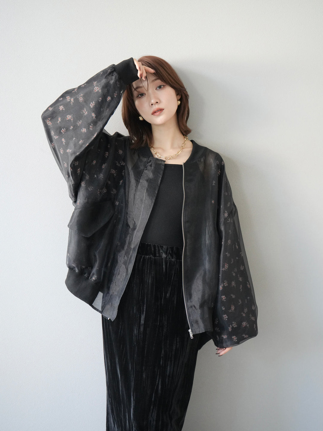 [予約]フラワーチュールドッキングブルゾン/ブラック