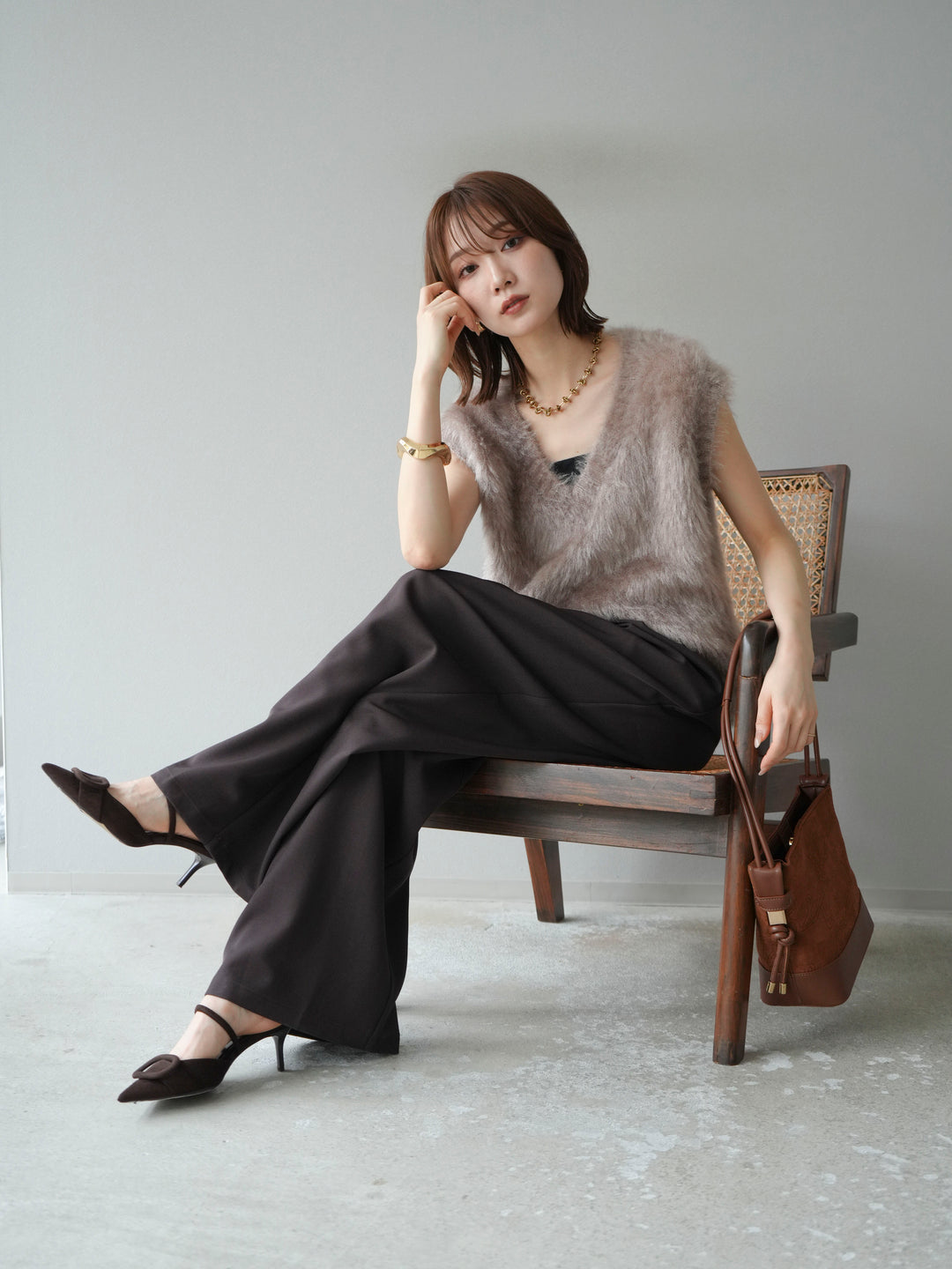 [SET]ラメシャギーVネックニットベスト+ベルトループデザインワイドパンツ(2set)