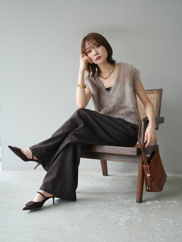 [SET]ラメシャギーVネックニットベスト+ベルトループデザインワイドパンツ(2set)