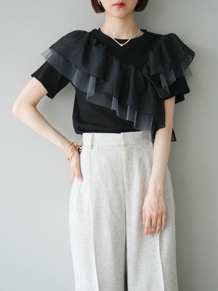[予約]アシメフリルドッキングカットソー/ブラック