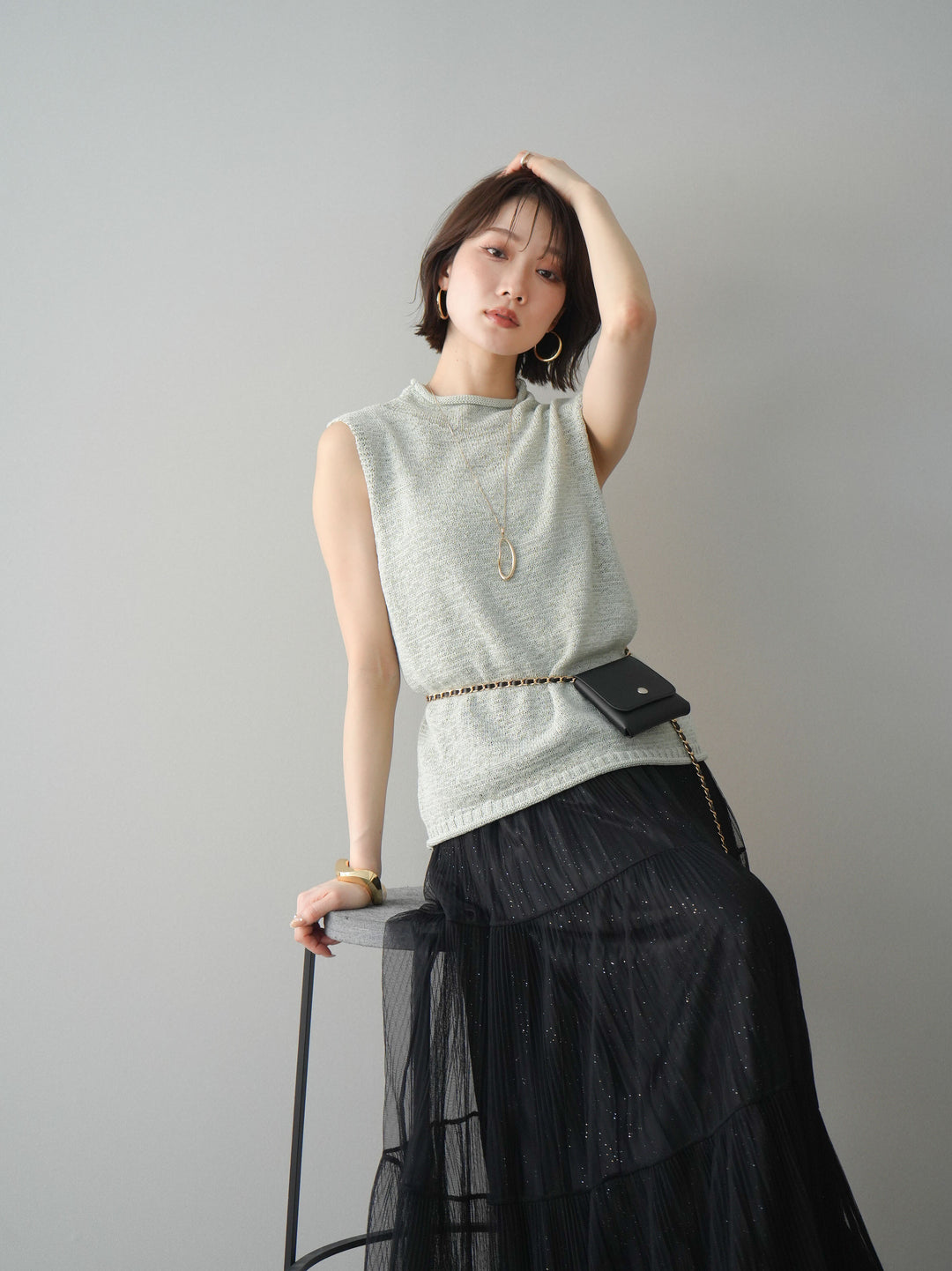 [予約]ノースリーブリネンタッチシアーニットプルオーバー/green