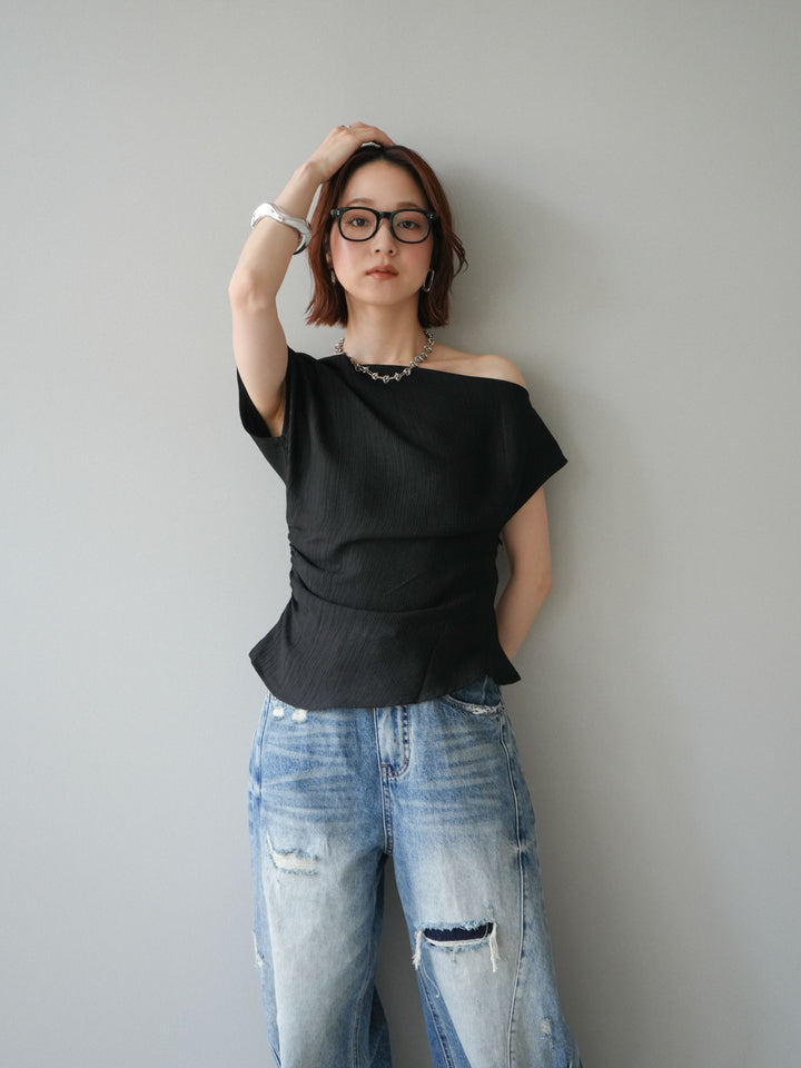 [予約]クレープアシンメトリーギャザートップス/black