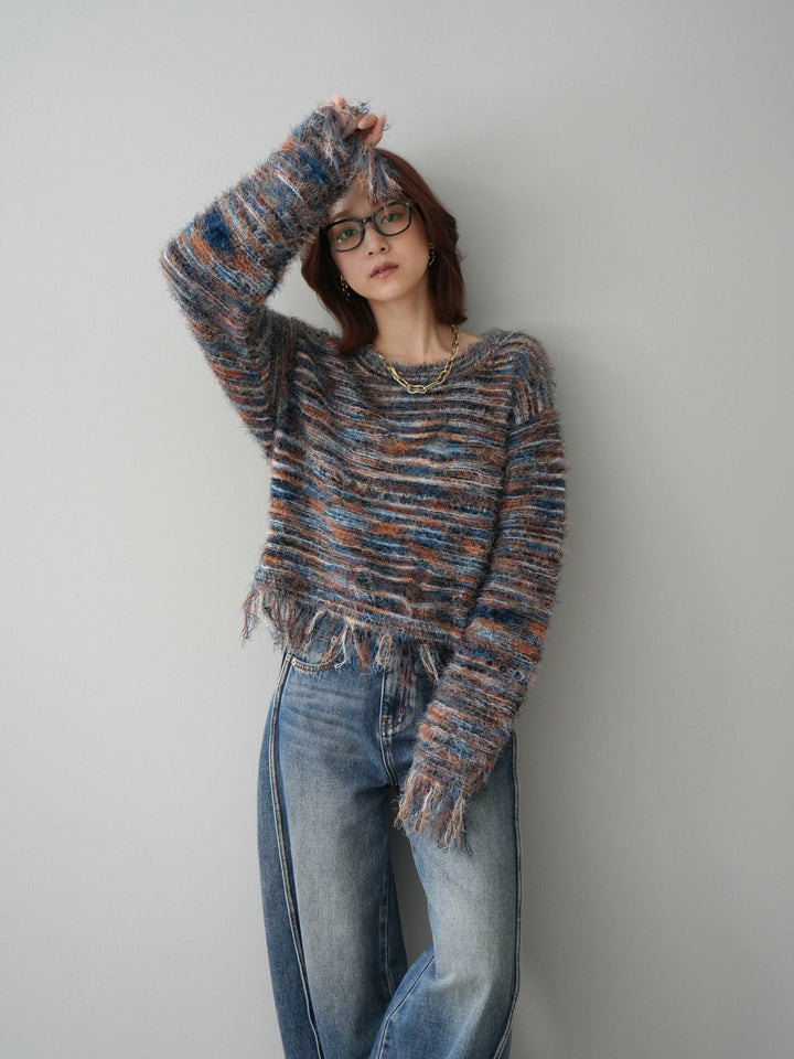 [予約]裾フリンジミックスヤーンシャギープルオーバー/blue