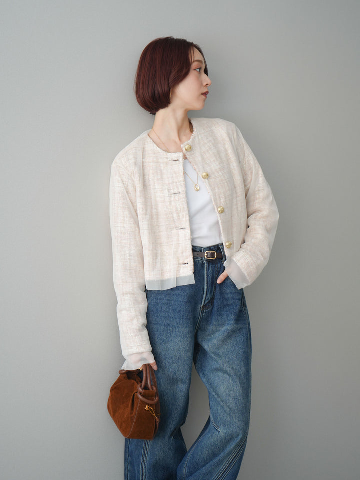 [予約]チュールレイヤードツイードクロップドジャケット/orange