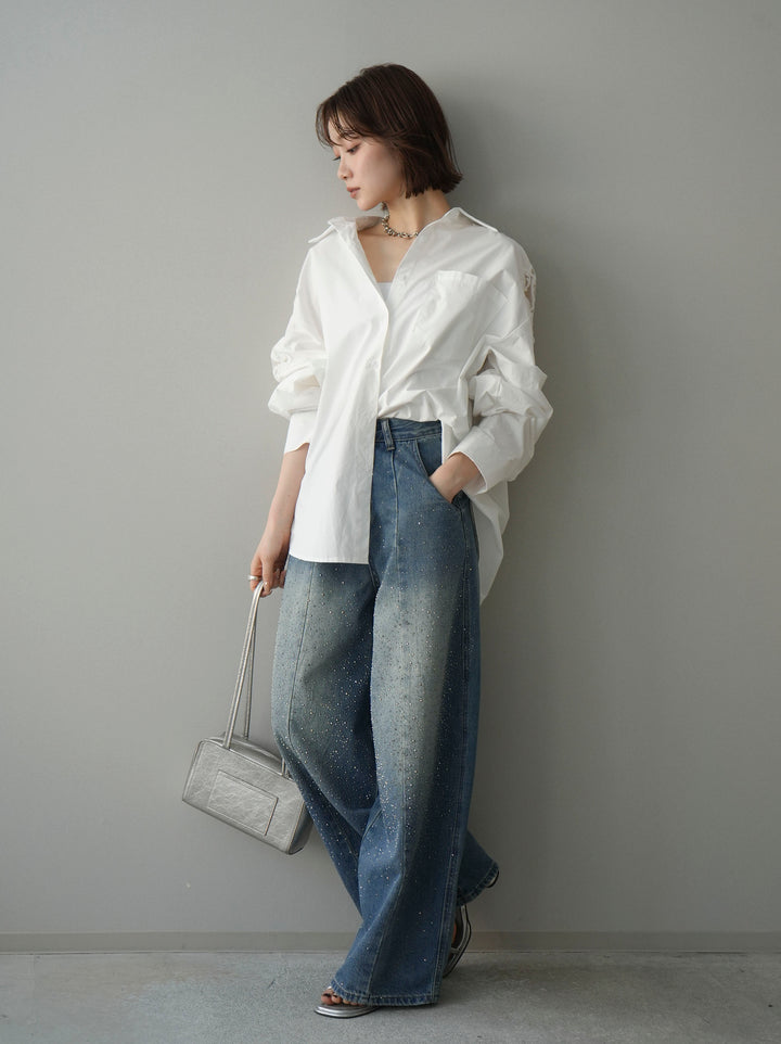 [SET]アームレースブロードシャツ+フロントビジューカーブデニムパンツ(2set)