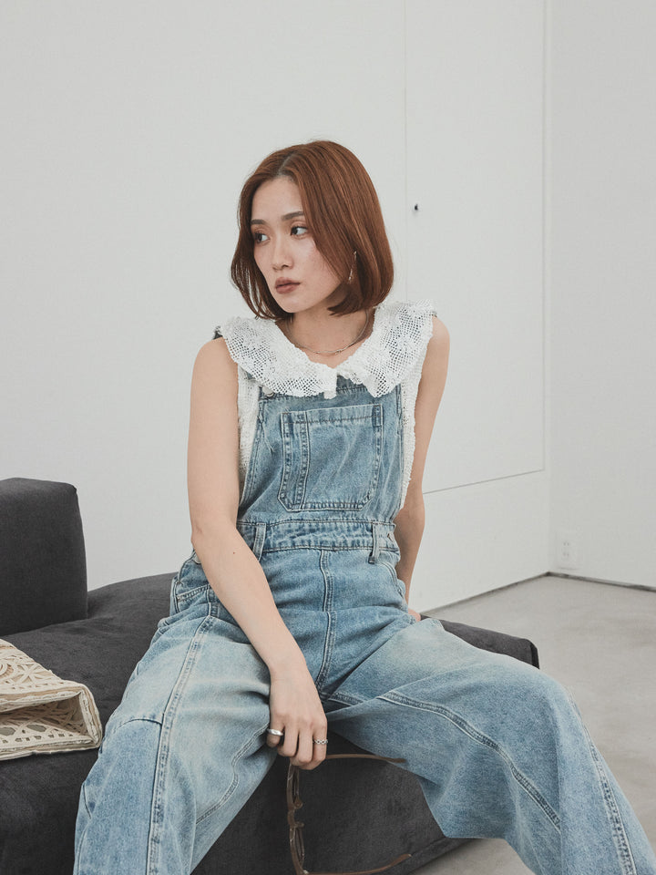 [SET]センターシームデニムサロペット +テープヤーンラッフルノースリトップス(2set)