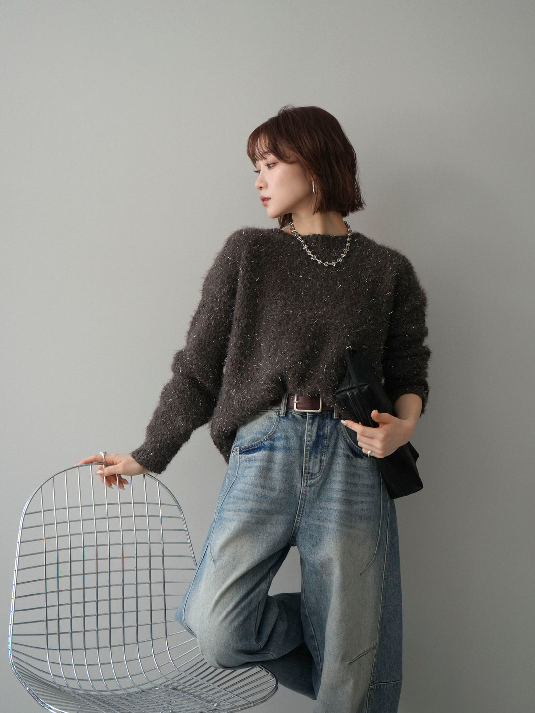 [予約]モールラメミックスヤーンニットプルオーバー/brown