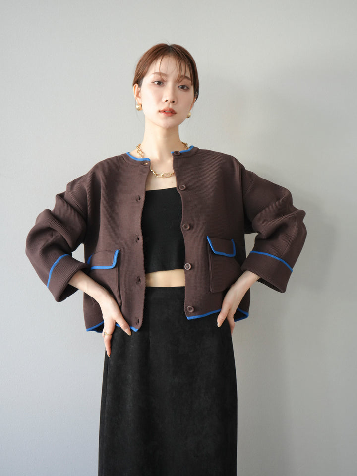 [予約]ポリエステル配色クルーネックカーディガン/ブラウン