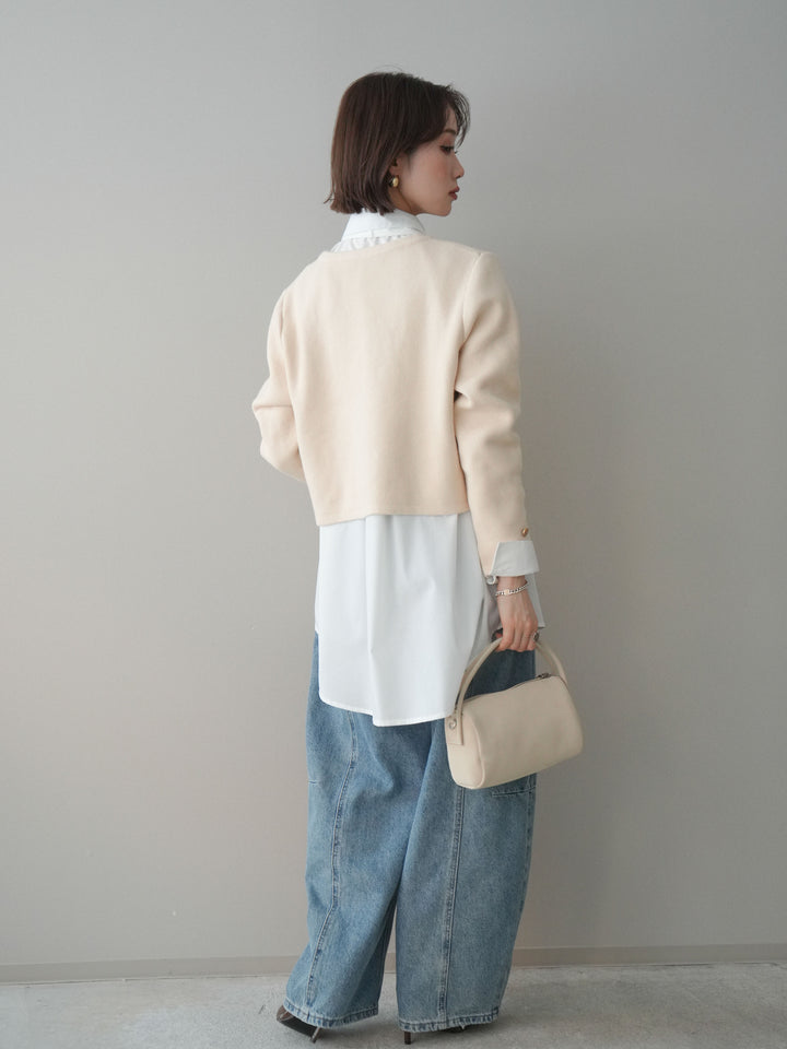 [SET]ゴールドボタンノーカラーニットジャケット+ガーメントウォッシュカーブデニムパンツ(2set)