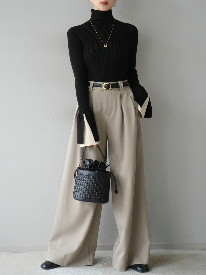 [SET] 疊層喇叭袖高領針織上衣 + 雙褶寬褲 (2 套)