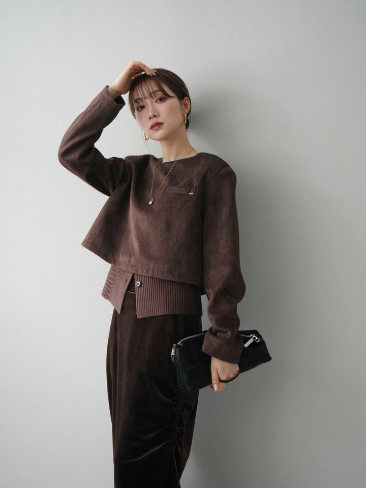 [予約]リブニットレイヤードスエードプルオーバー/brown