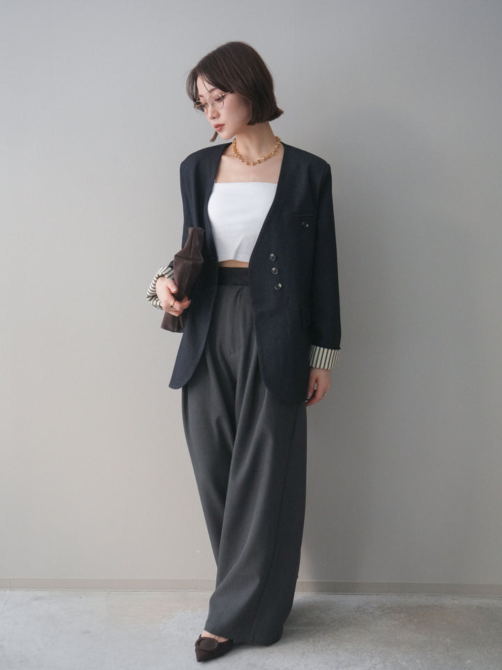 [SET]ノーカラージャケット+カップ付テレコリブベアキャミソール+サテンベルトタックワイドパンツ(3set)