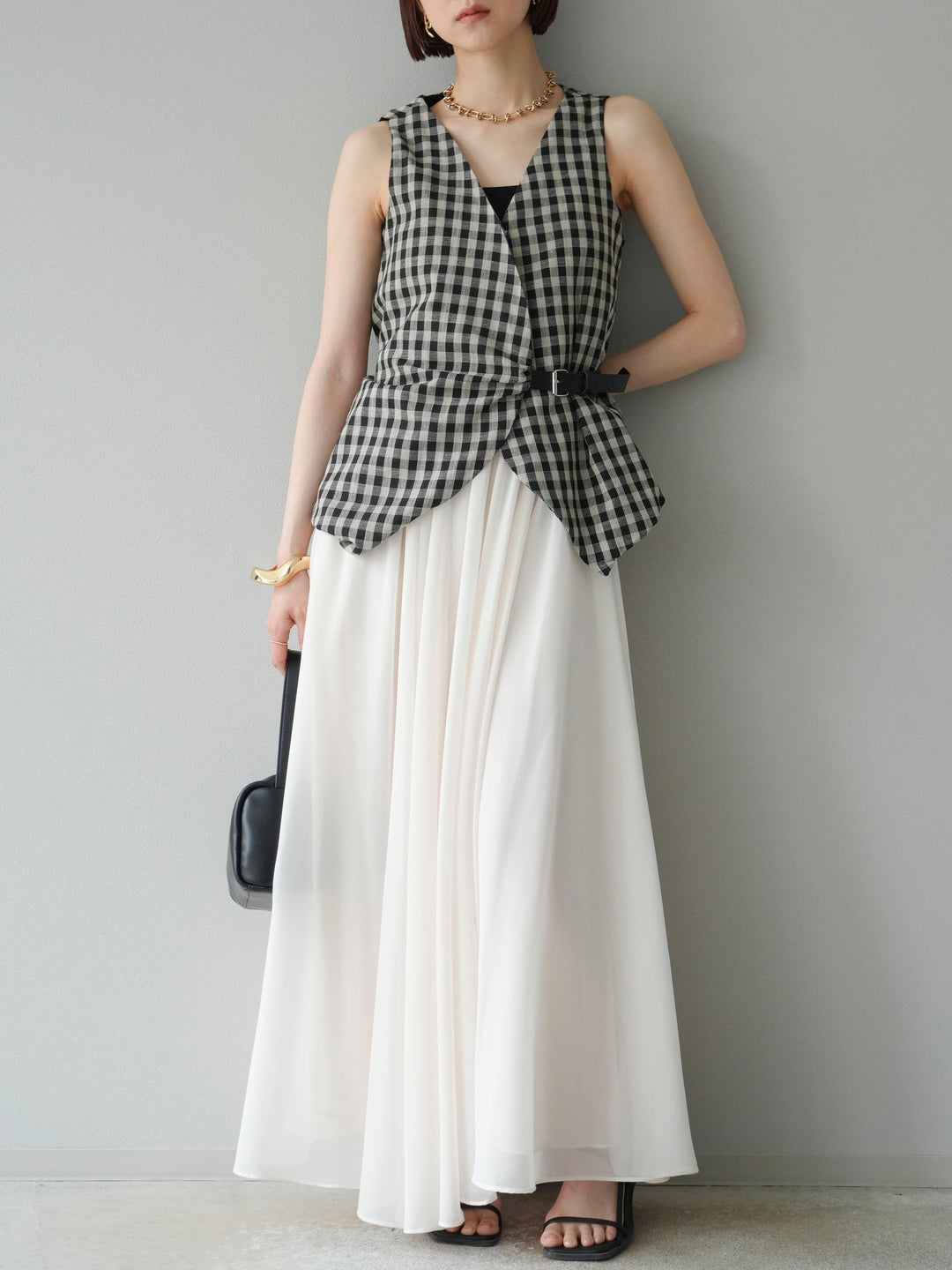 [SET]ベルトデザインバルーンブラウス+シフォンフレアスカート(2set)