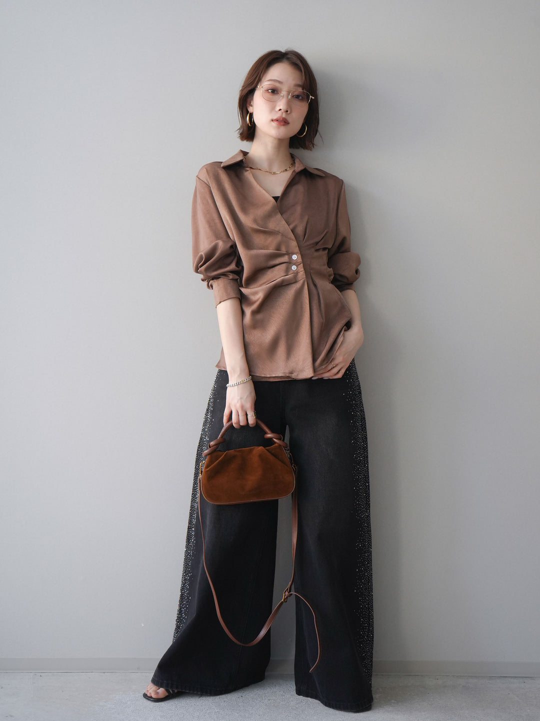 [予約]サイドビジューワイドデニムパンツ/black