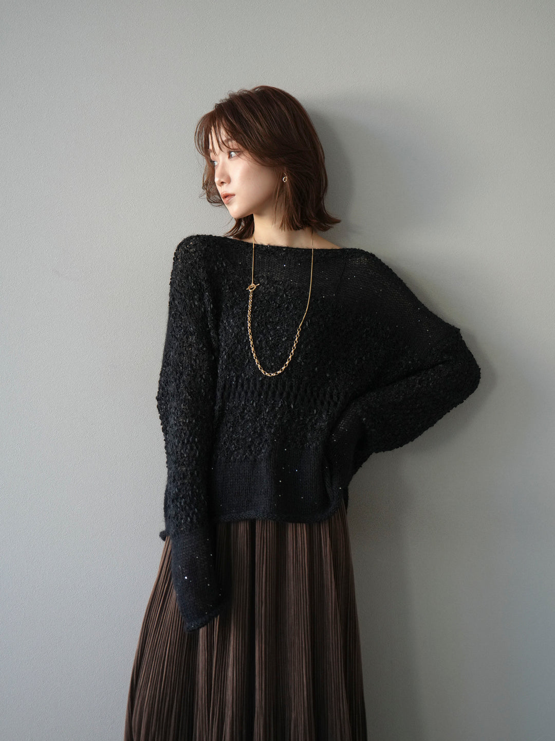 [予約]ミックスヤーンデザイン編みメッシュニットプルオーバー/ブラック