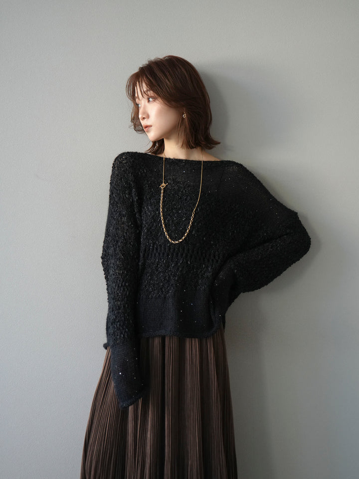 [予約]ミックスヤーンデザイン編みメッシュニットプルオーバー/ブラック