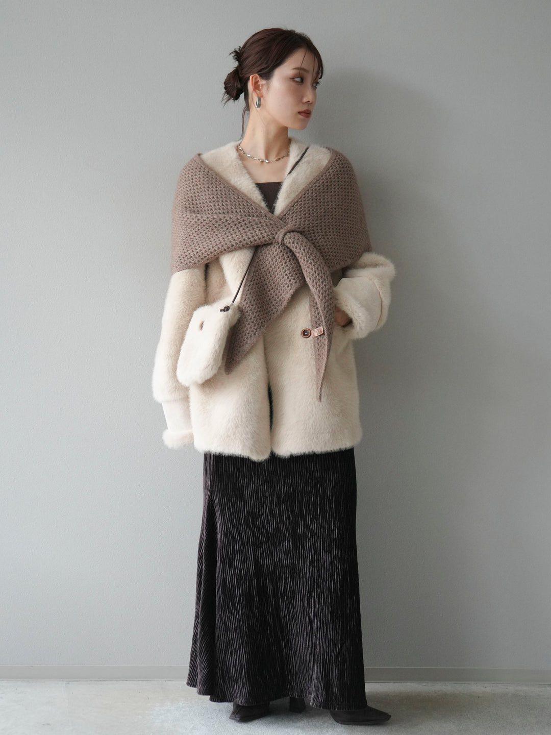 [予約]バッグ付エコファーノーカラーコート/beige