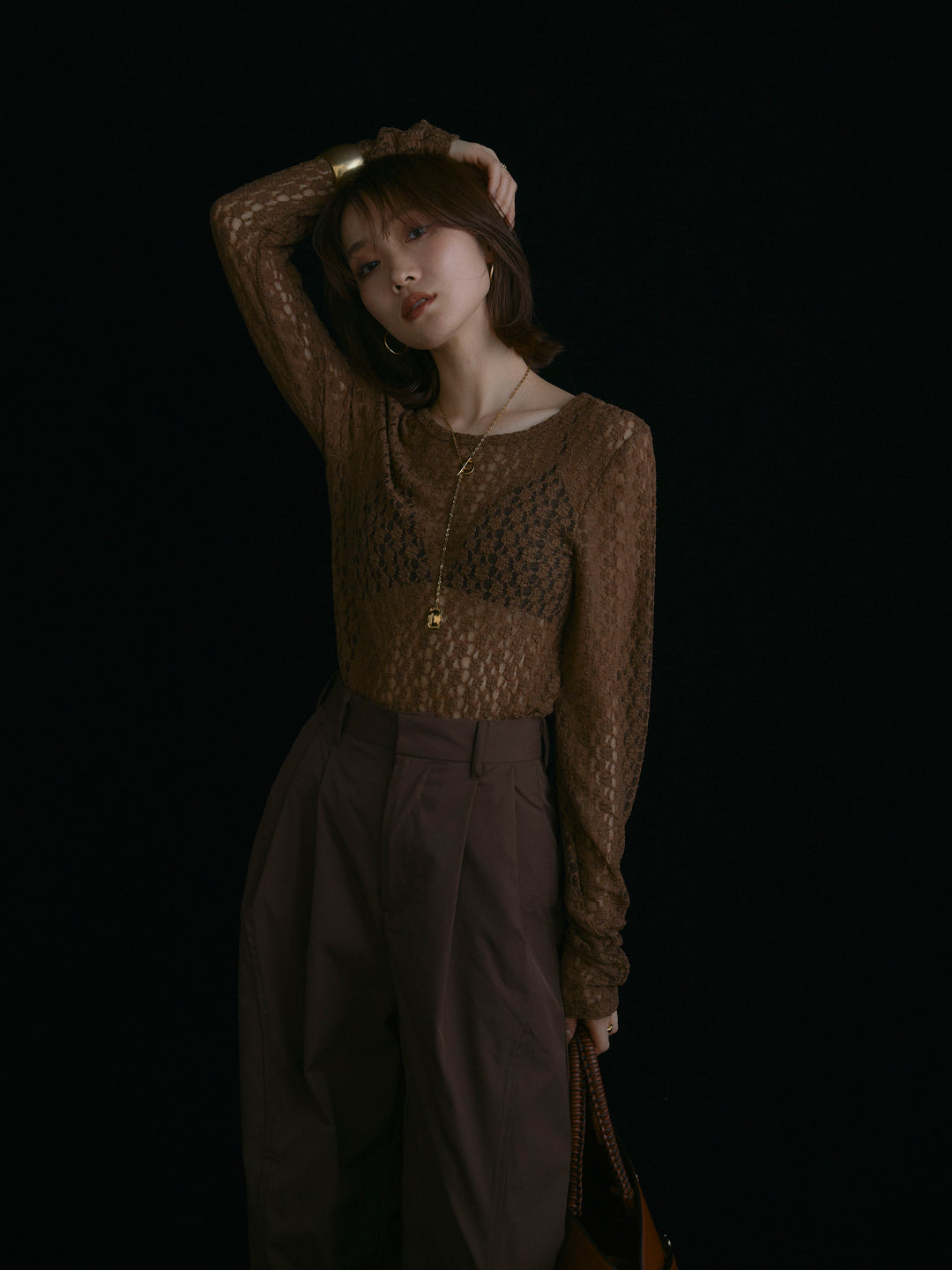 【Allure】[SET]バックラウンドレーストップス+タフタワイドカーブパンツ(2set)